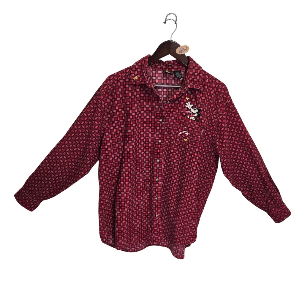 Vintage 90s Mickey Unlimited Red Plaid Corduroy Button Down Shirt Disney ATL72 L